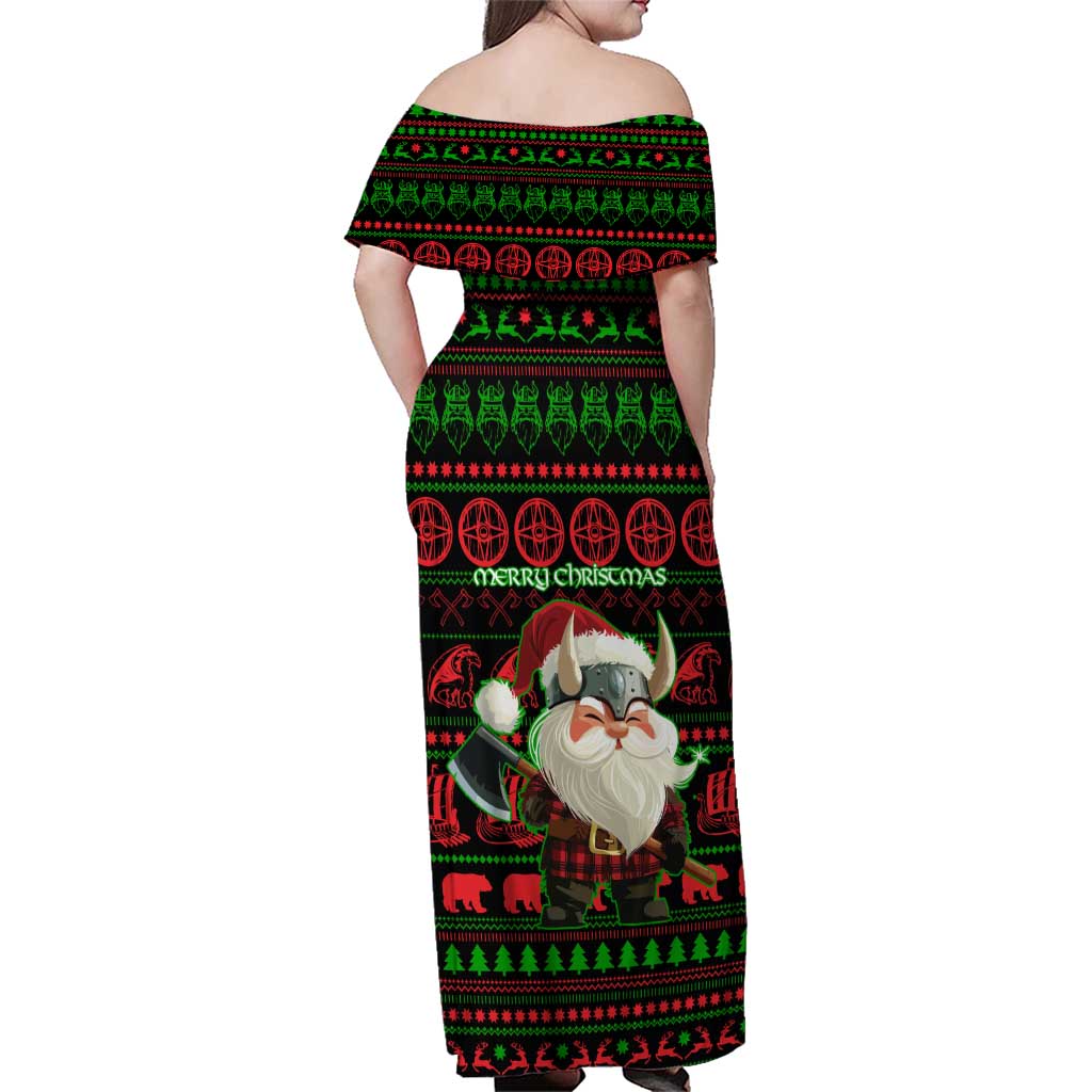 Viking Christmas Family Matching Off Shoulder Maxi Dress and Hawaiian Shirt with Santa Warrior Axe Nordic Symbols Red Green Black Knit Pattern Design - Wonder Print Shop