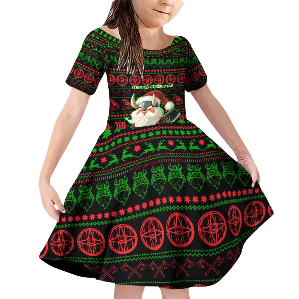 Viking Christmas Family Matching Off Shoulder Short Dress and Hawaiian Shirt with Santa Warrior Axe Nordic Symbols Red Green Black Knit Pattern Design - Wonder Print Shop