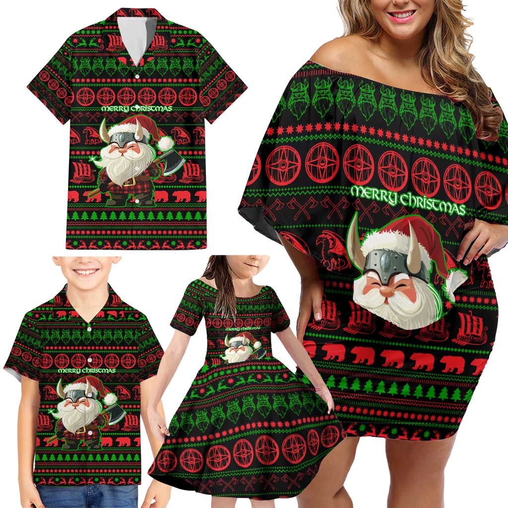 Viking Christmas Family Matching Off Shoulder Short Dress and Hawaiian Shirt with Santa Warrior Axe Nordic Symbols Red Green Black Knit Pattern Design - Wonder Print Shop