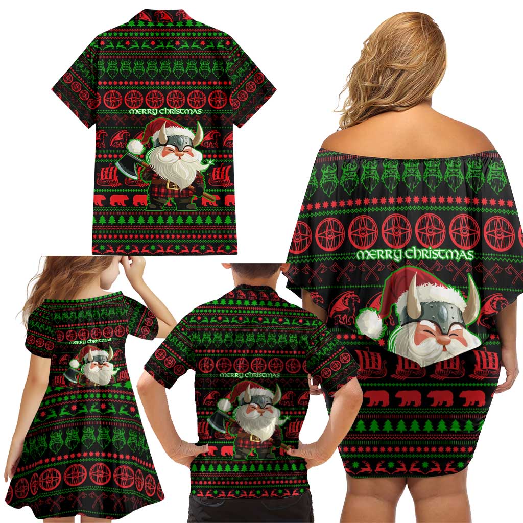 Viking Christmas Family Matching Off Shoulder Short Dress and Hawaiian Shirt with Santa Warrior Axe Nordic Symbols Red Green Black Knit Pattern Design - Wonder Print Shop