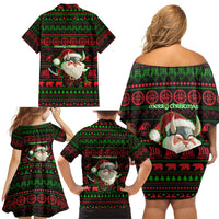 Viking Christmas Family Matching Off Shoulder Short Dress and Hawaiian Shirt with Santa Warrior Axe Nordic Symbols Red Green Black Knit Pattern Design - Wonder Print Shop