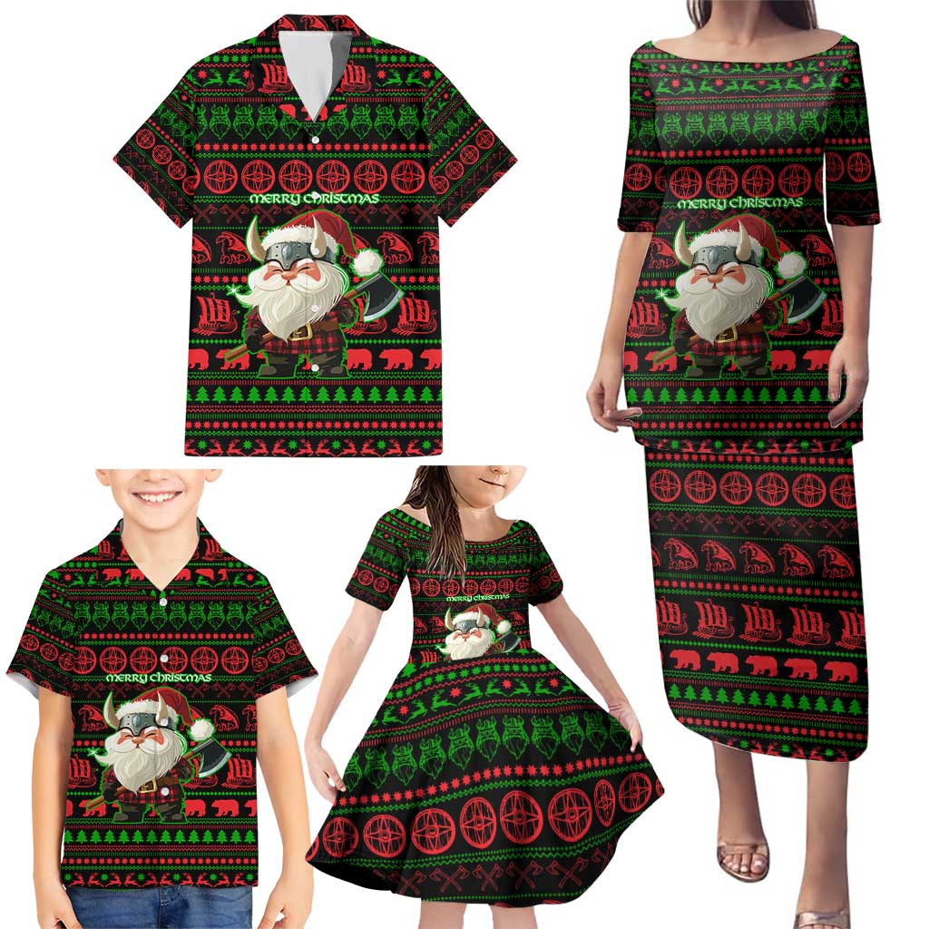 Viking Christmas Family Matching Puletasi and Hawaiian Shirt with Santa Warrior Axe Nordic Symbols Red Green Black Knit Pattern Design - Wonder Print Shop