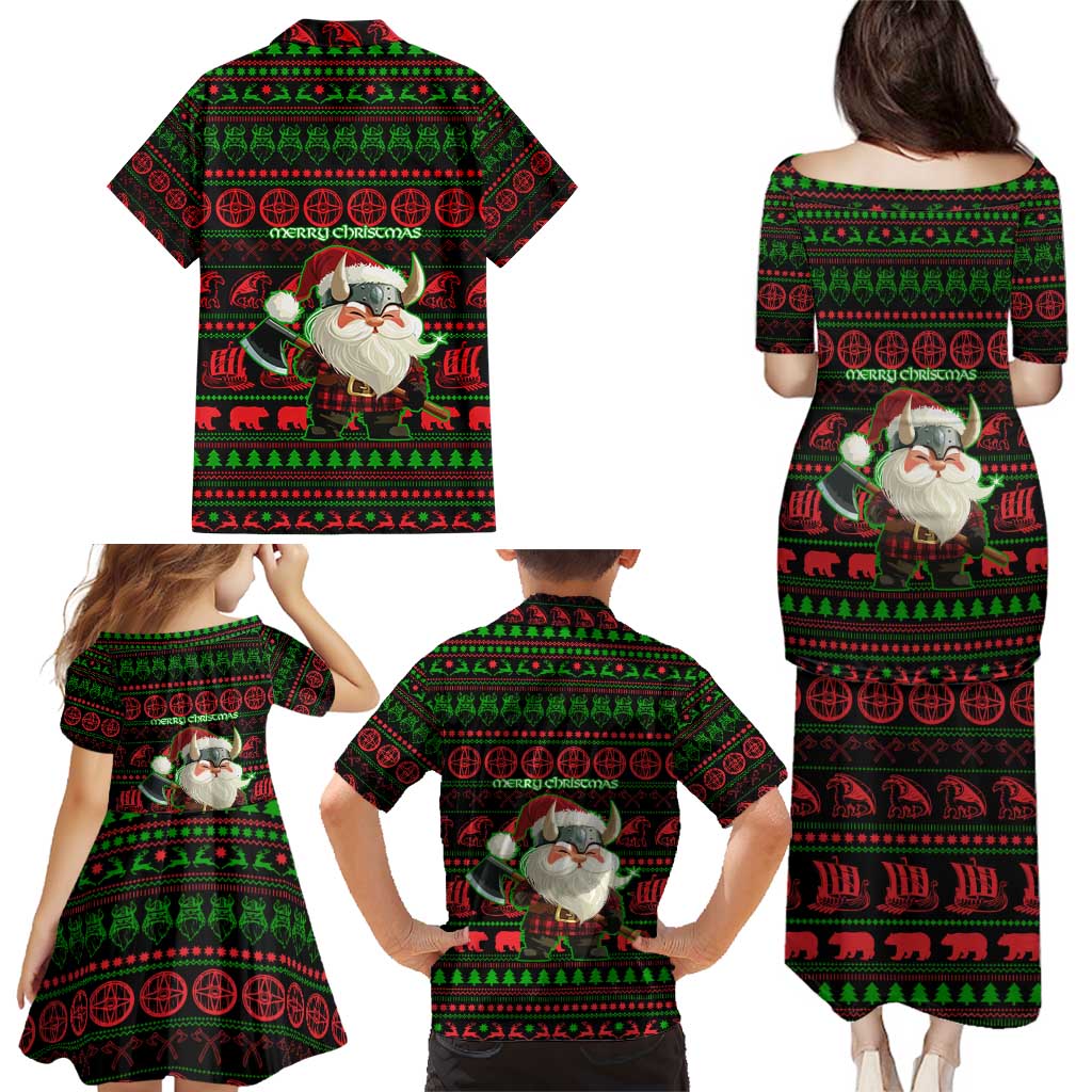 Viking Christmas Family Matching Puletasi and Hawaiian Shirt with Santa Warrior Axe Nordic Symbols Red Green Black Knit Pattern Design - Wonder Print Shop