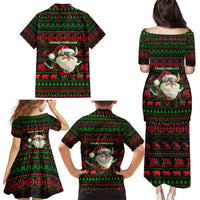 Viking Christmas Family Matching Puletasi and Hawaiian Shirt with Santa Warrior Axe Nordic Symbols Red Green Black Knit Pattern Design - Wonder Print Shop
