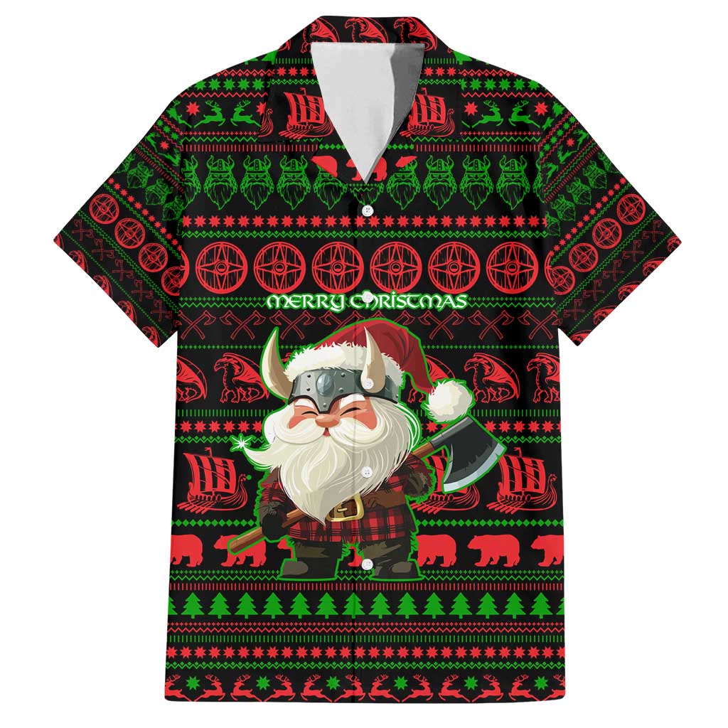 Viking Christmas Family Matching Puletasi and Hawaiian Shirt with Santa Warrior Axe Nordic Symbols Red Green Black Knit Pattern Design - Wonder Print Shop