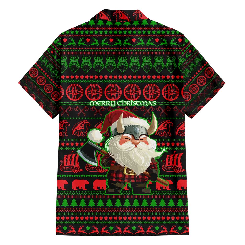 Viking Christmas Family Matching Puletasi and Hawaiian Shirt with Santa Warrior Axe Nordic Symbols Red Green Black Knit Pattern Design - Wonder Print Shop
