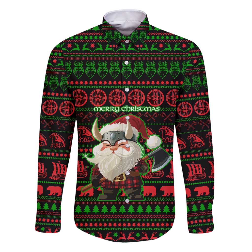 Viking Christmas Family Matching Puletasi and Hawaiian Shirt with Santa Warrior Axe Nordic Symbols Red Green Black Knit Pattern Design - Wonder Print Shop