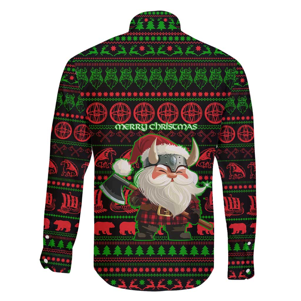 Viking Christmas Family Matching Puletasi and Hawaiian Shirt with Santa Warrior Axe Nordic Symbols Red Green Black Knit Pattern Design - Wonder Print Shop