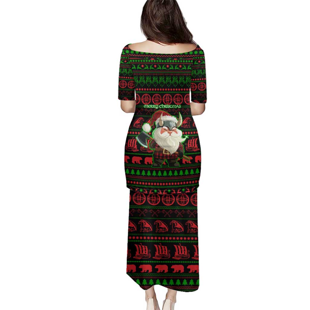 Viking Christmas Family Matching Puletasi and Hawaiian Shirt with Santa Warrior Axe Nordic Symbols Red Green Black Knit Pattern Design - Wonder Print Shop