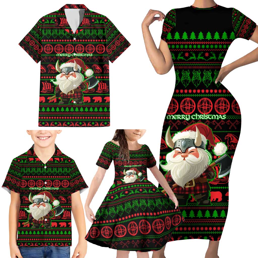 Viking Christmas Family Matching Short Sleeve Bodycon Dress and Hawaiian Shirt with Santa Warrior Axe Nordic Symbols Red Green Black Knit Pattern Design - Wonder Print Shop
