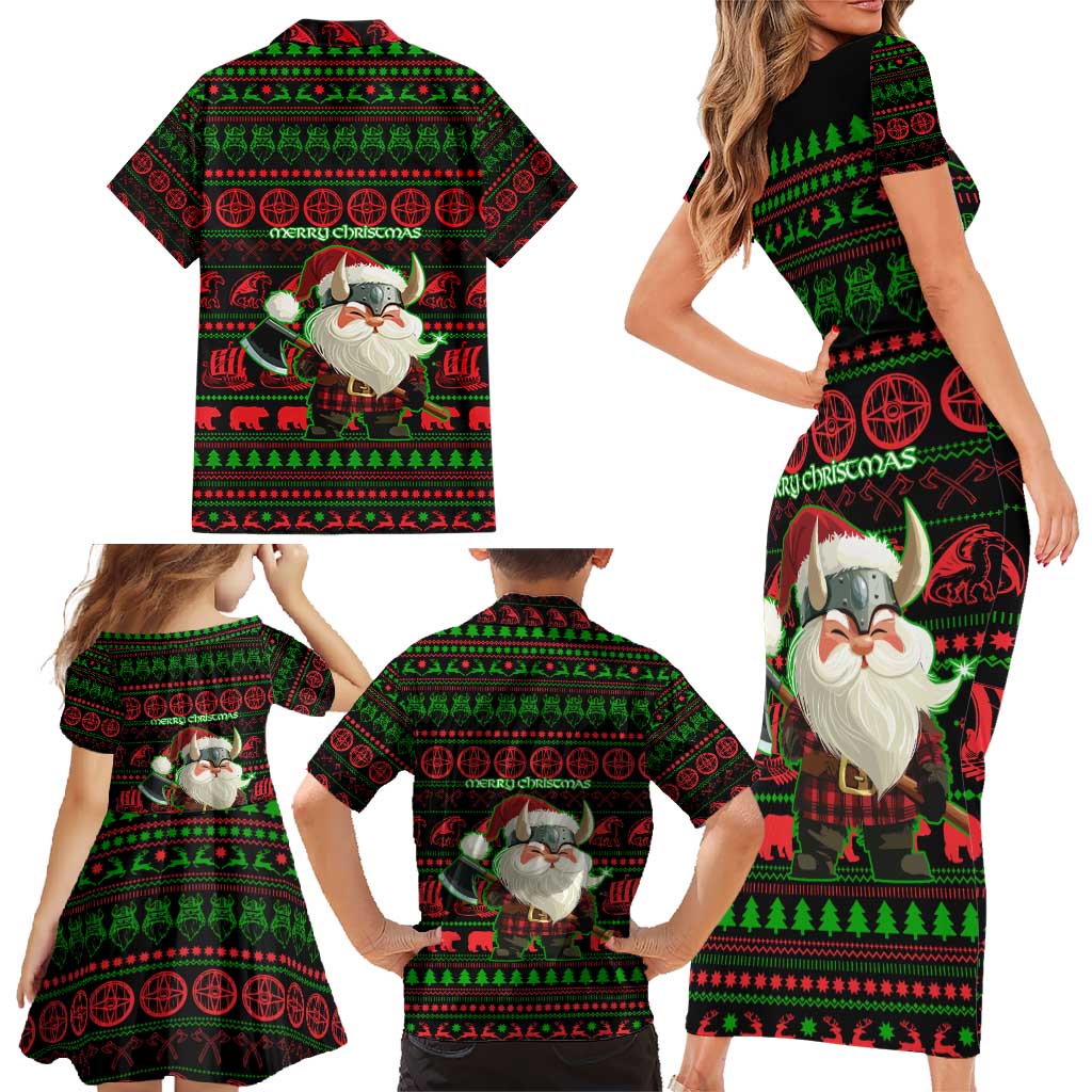 Viking Christmas Family Matching Short Sleeve Bodycon Dress and Hawaiian Shirt with Santa Warrior Axe Nordic Symbols Red Green Black Knit Pattern Design - Wonder Print Shop