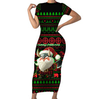Viking Christmas Family Matching Short Sleeve Bodycon Dress and Hawaiian Shirt with Santa Warrior Axe Nordic Symbols Red Green Black Knit Pattern Design - Wonder Print Shop