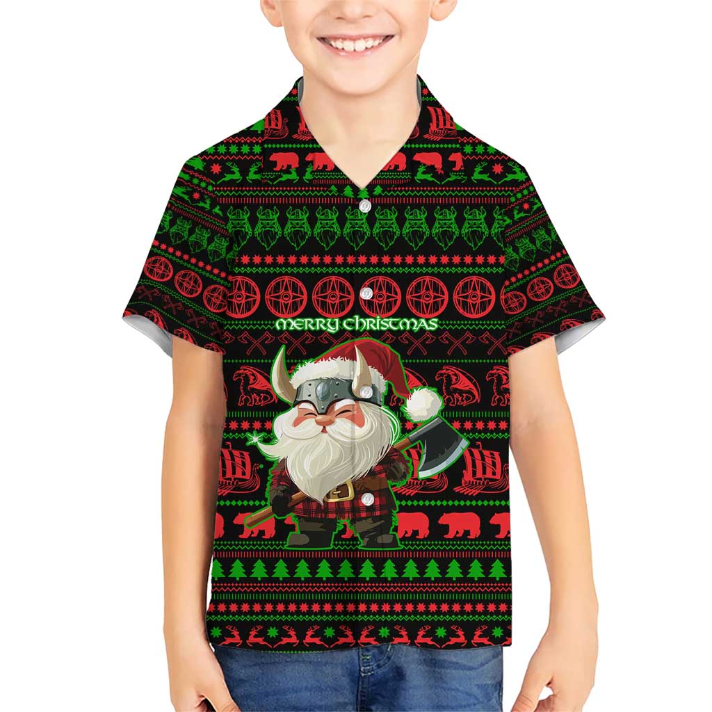 Viking Christmas Family Matching Short Sleeve Bodycon Dress and Hawaiian Shirt with Santa Warrior Axe Nordic Symbols Red Green Black Knit Pattern Design - Wonder Print Shop