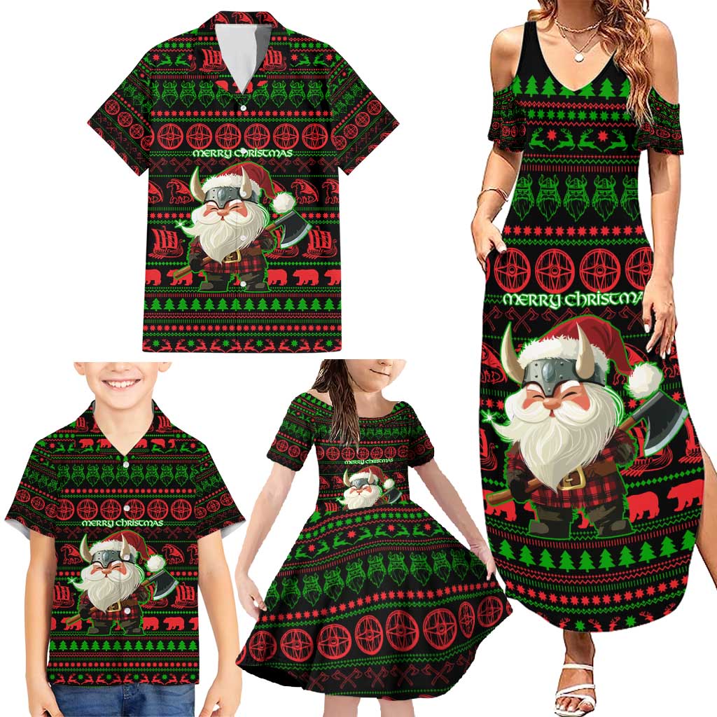 Viking Christmas Family Matching Summer Maxi Dress and Hawaiian Shirt with Santa Warrior Axe Nordic Symbols Red Green Black Knit Pattern Design - Wonder Print Shop