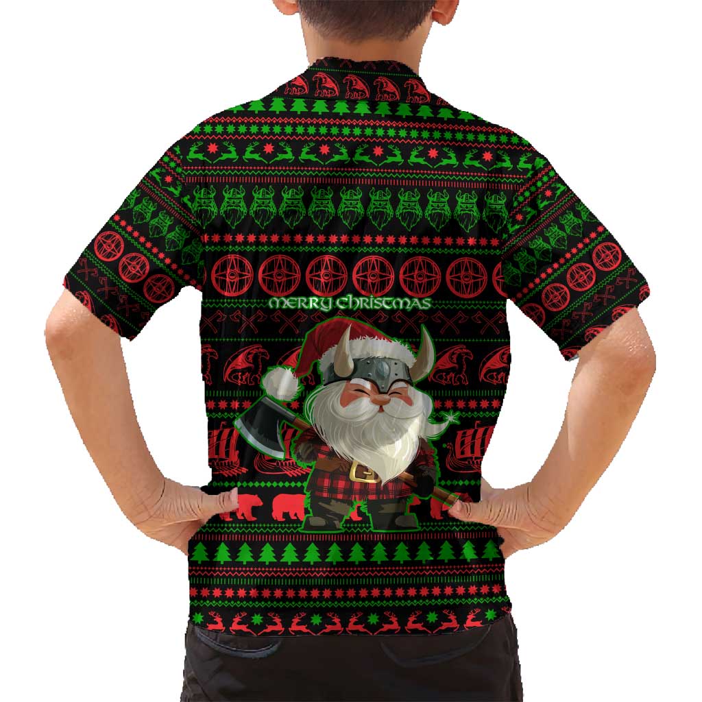 Viking Christmas Family Matching Tank Maxi Dress and Hawaiian Shirt with Santa Warrior Axe Nordic Symbols Red Green Black Knit Pattern Design - Wonder Print Shop