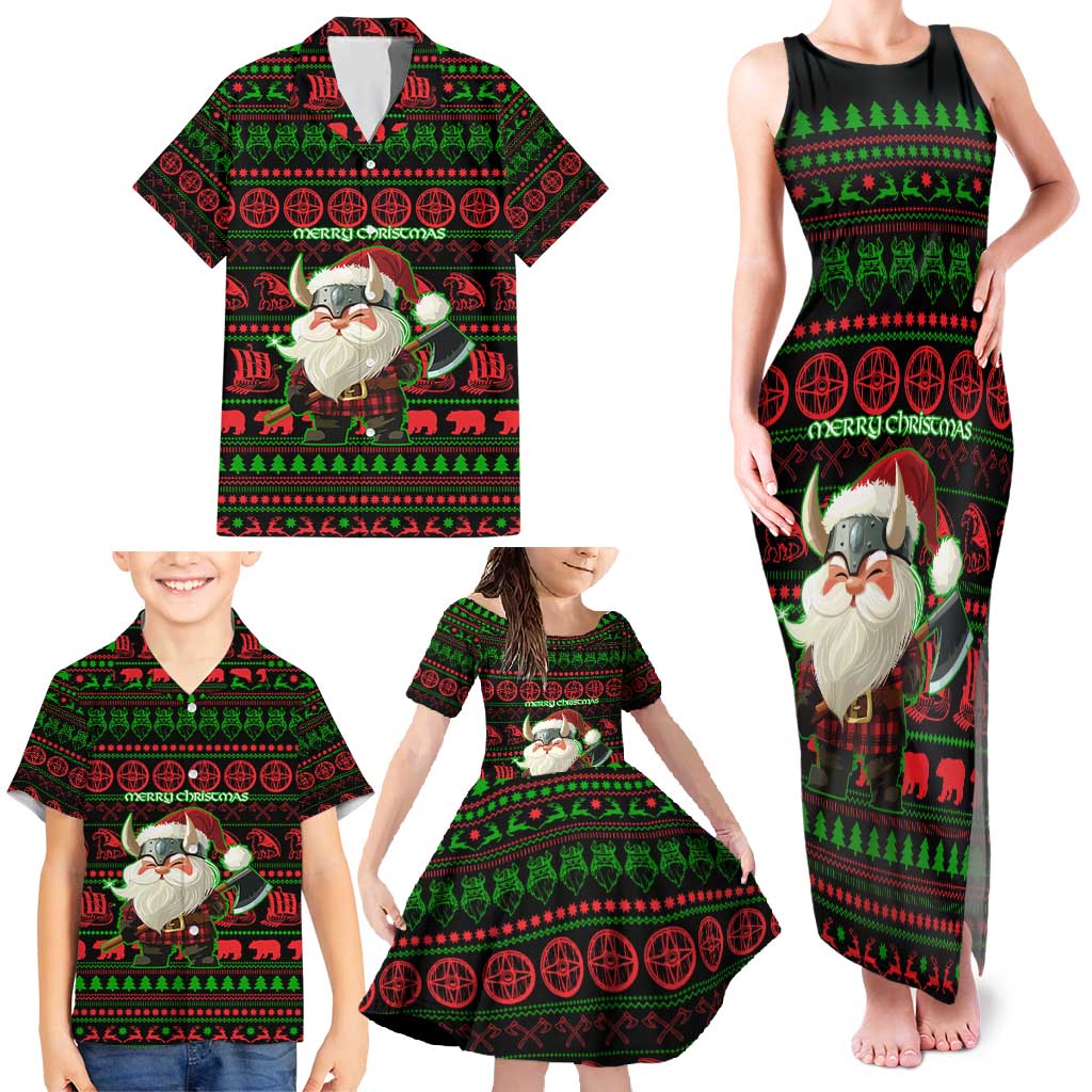 Viking Christmas Family Matching Tank Maxi Dress and Hawaiian Shirt with Santa Warrior Axe Nordic Symbols Red Green Black Knit Pattern Design - Wonder Print Shop