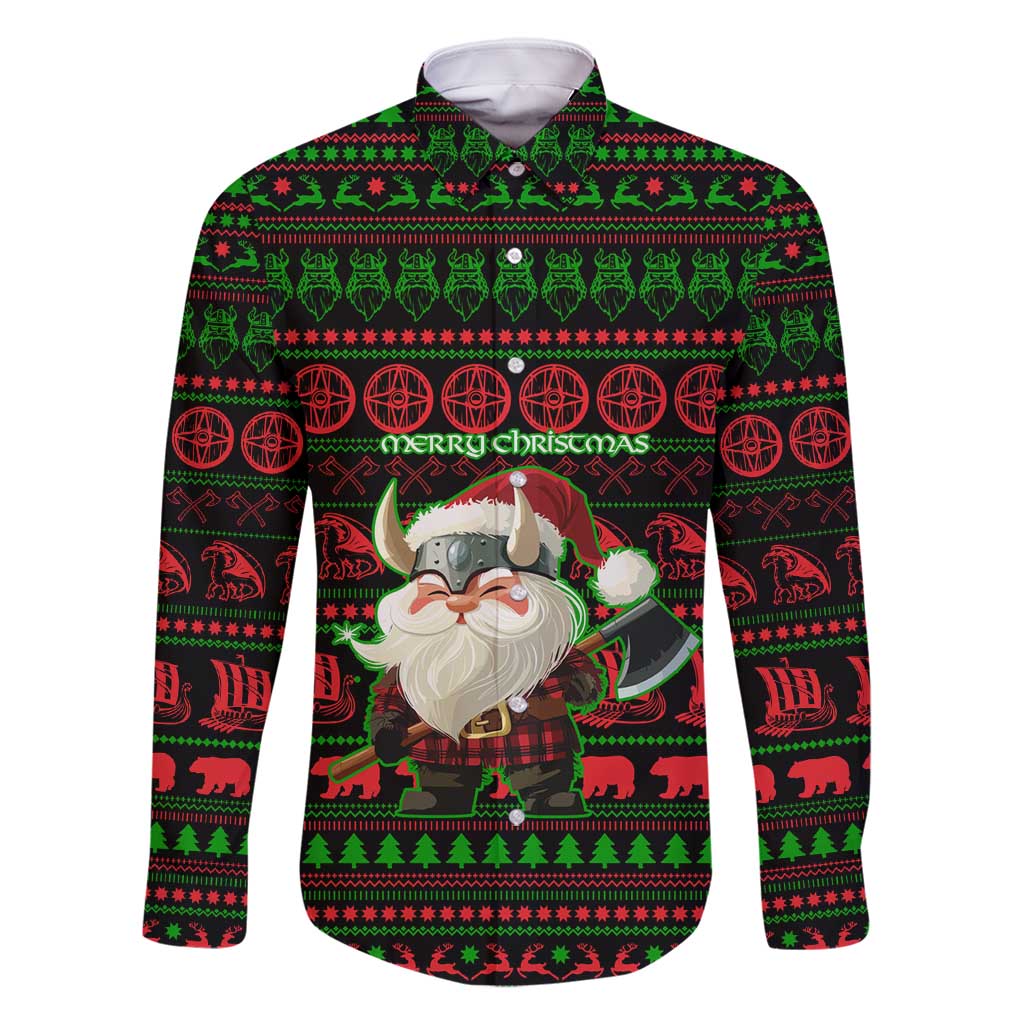 Viking Christmas Family Matching Tank Maxi Dress and Hawaiian Shirt with Santa Warrior Axe Nordic Symbols Red Green Black Knit Pattern Design - Wonder Print Shop