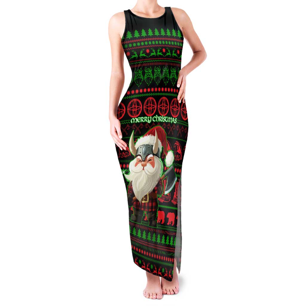 Viking Christmas Family Matching Tank Maxi Dress and Hawaiian Shirt with Santa Warrior Axe Nordic Symbols Red Green Black Knit Pattern Design - Wonder Print Shop