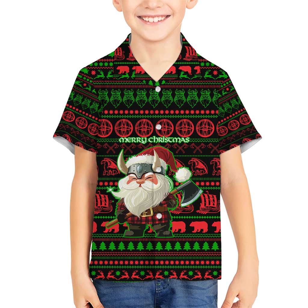 Viking Christmas Family Matching Tank Maxi Dress and Hawaiian Shirt with Santa Warrior Axe Nordic Symbols Red Green Black Knit Pattern Design - Wonder Print Shop