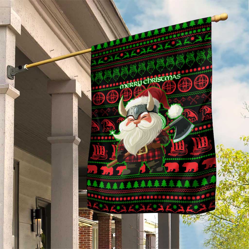 Viking Christmas Garden Flag with Santa Warrior Axe Nordic Symbols Red Green Black Knit Pattern Design - Wonder Print Shop