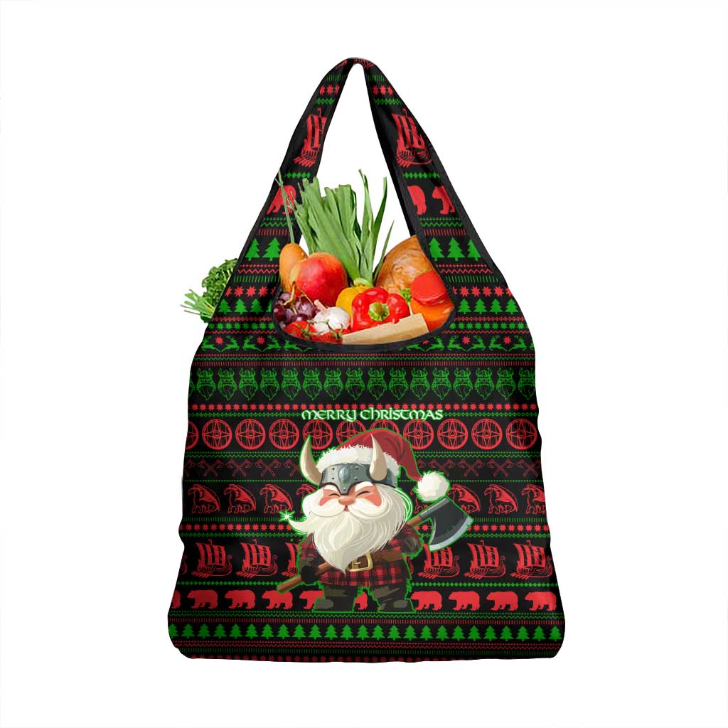 Viking Christmas Grocery Bag with Santa Warrior Axe Nordic Symbols Red Green Black Knit Pattern Design - Wonder Print Shop
