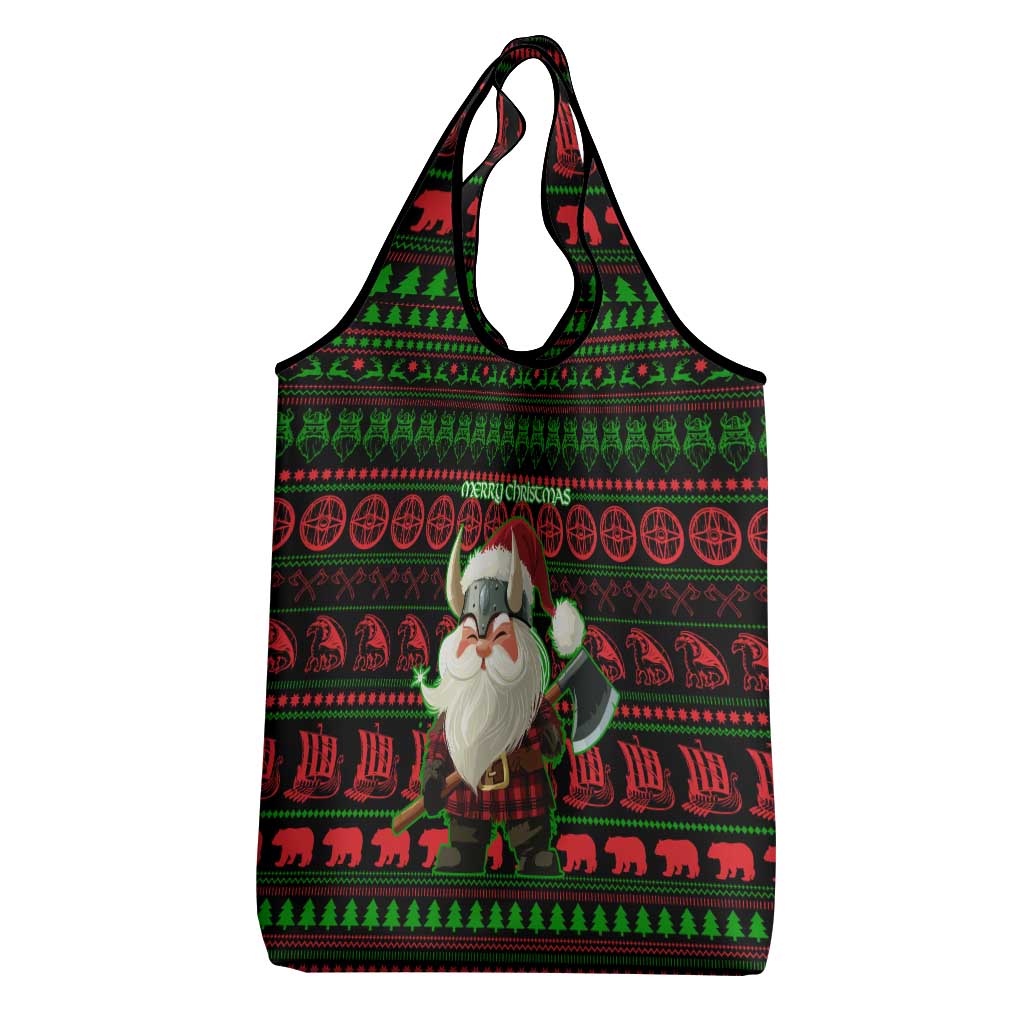 Viking Christmas Grocery Bag with Santa Warrior Axe Nordic Symbols Red Green Black Knit Pattern Design - Wonder Print Shop