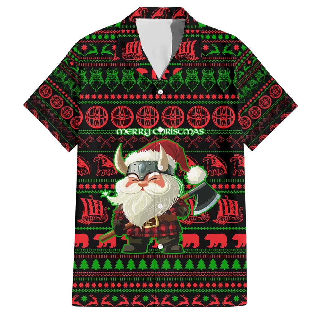 Viking Christmas Hawaiian Shirt with Santa Warrior Axe Nordic Symbols Red Green Black Knit Pattern Design - Wonder Print Shop