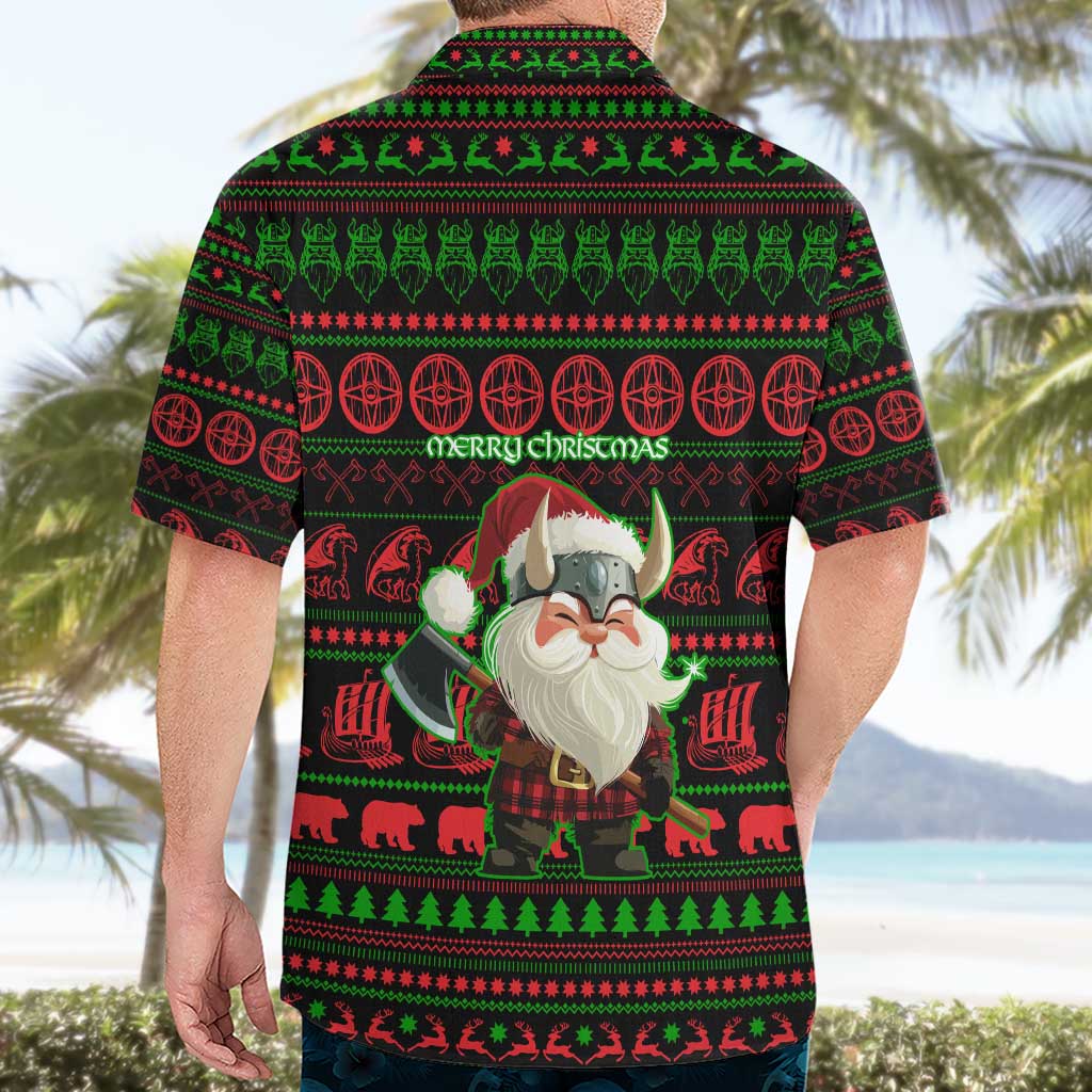 Viking Christmas Hawaiian Shirt with Santa Warrior Axe Nordic Symbols Red Green Black Knit Pattern Design - Wonder Print Shop