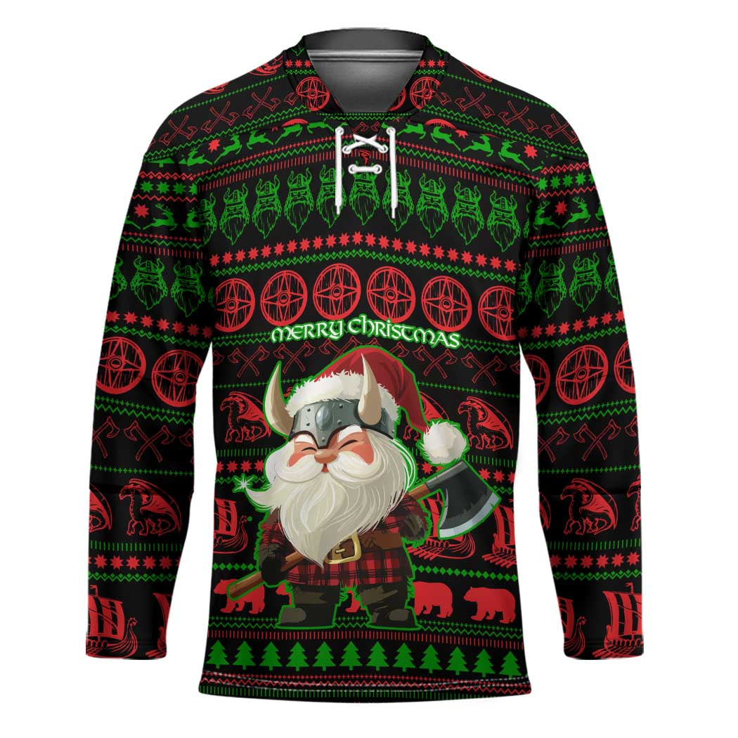 Viking Christmas Hockey Jersey with Santa Warrior Axe Nordic Symbols Red Green Black Knit Pattern Design - Wonder Print Shop
