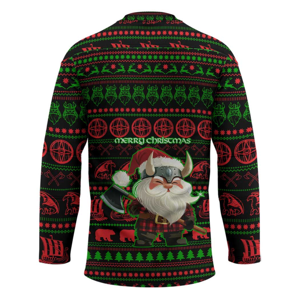 Viking Christmas Hockey Jersey with Santa Warrior Axe Nordic Symbols Red Green Black Knit Pattern Design - Wonder Print Shop