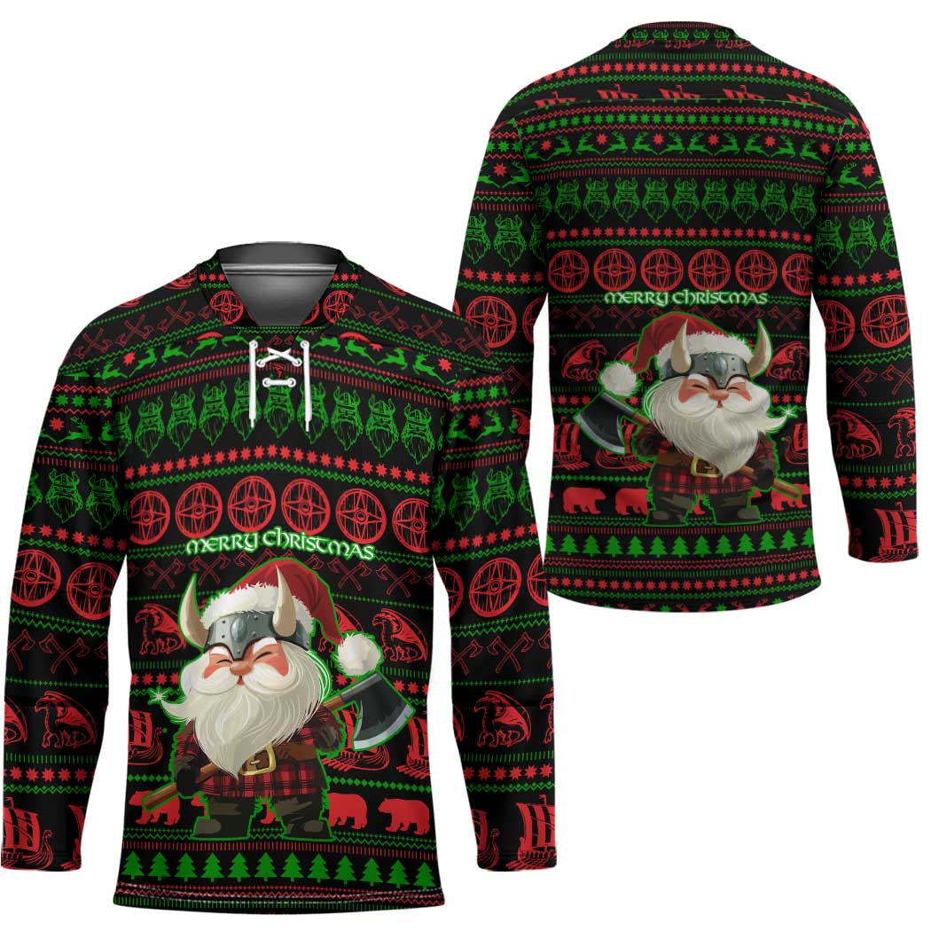 Viking Christmas Hockey Jersey with Santa Warrior Axe Nordic Symbols Red Green Black Knit Pattern Design - Wonder Print Shop