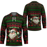 Viking Christmas Hockey Jersey with Santa Warrior Axe Nordic Symbols Red Green Black Knit Pattern Design - Wonder Print Shop