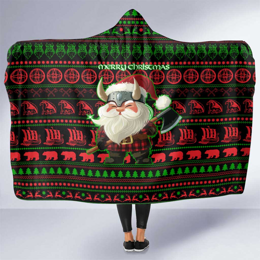 Viking Christmas Hooded Blanket with Santa Warrior Axe Nordic Symbols Red Green Black Knit Pattern Design - Wonder Print Shop