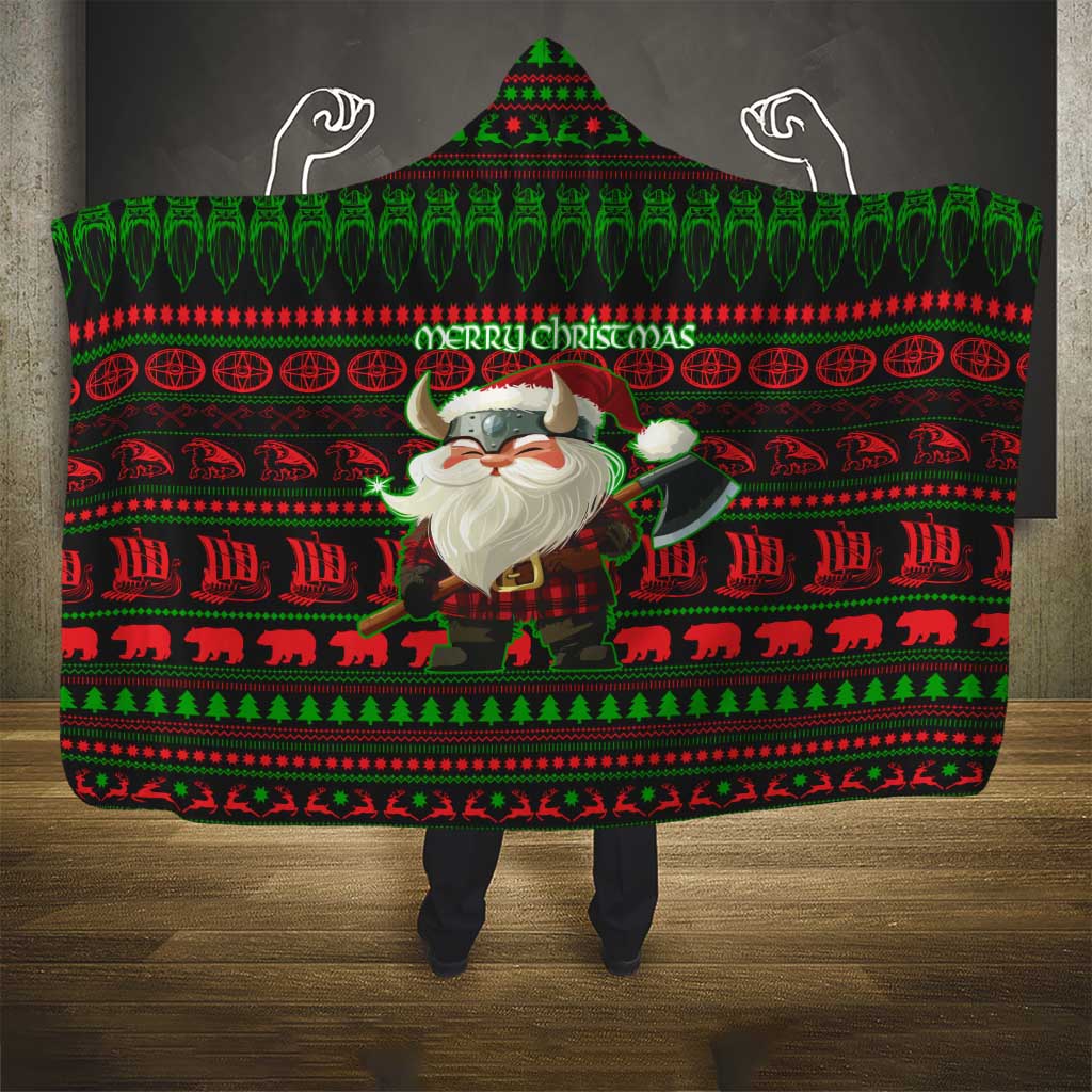 Viking Christmas Hooded Blanket with Santa Warrior Axe Nordic Symbols Red Green Black Knit Pattern Design - Wonder Print Shop