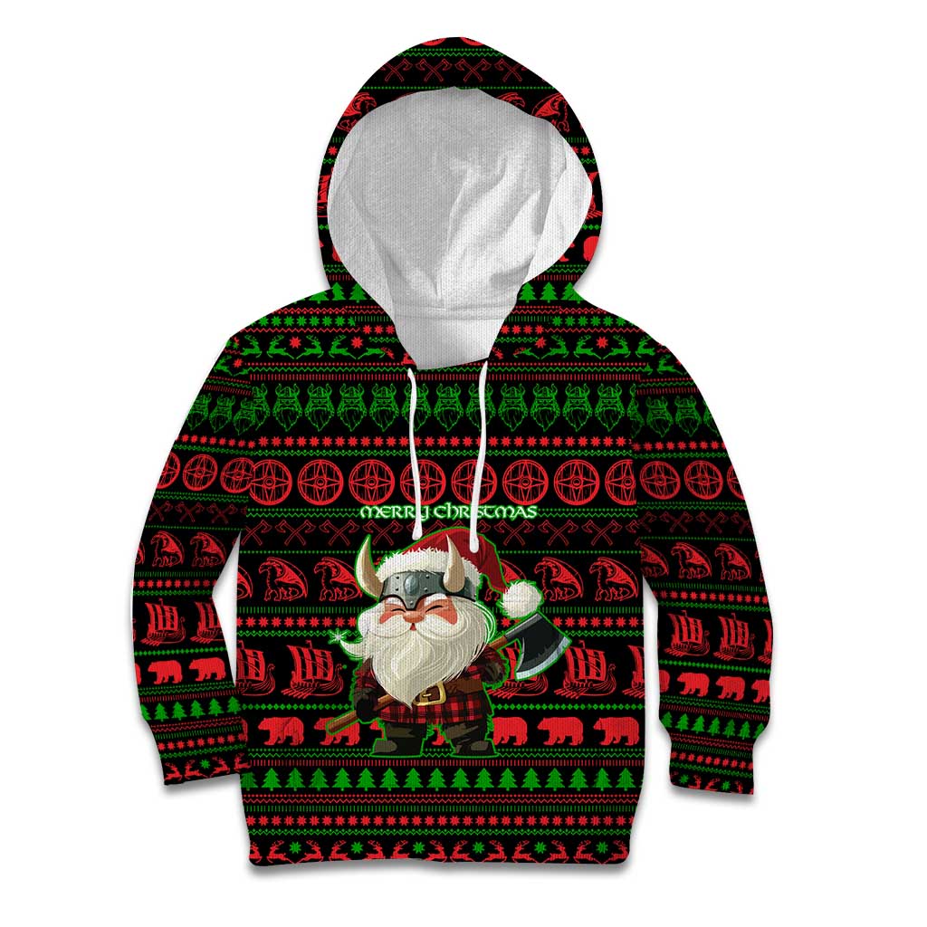 Viking Christmas Kid Hoodie with Santa Warrior Axe Nordic Symbols Red Green Black Knit Pattern Design - Wonder Print Shop