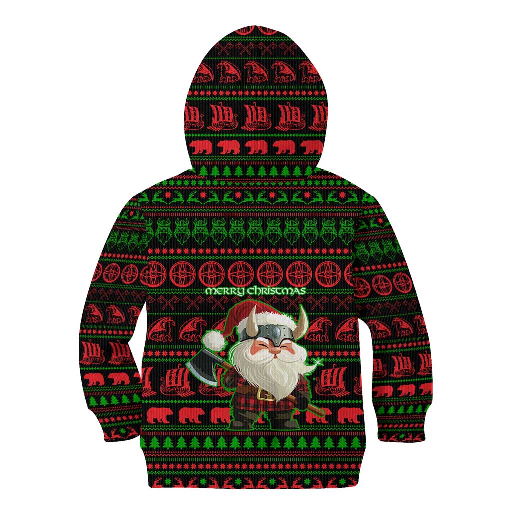 Viking Christmas Kid Hoodie with Santa Warrior Axe Nordic Symbols Red Green Black Knit Pattern Design - Wonder Print Shop