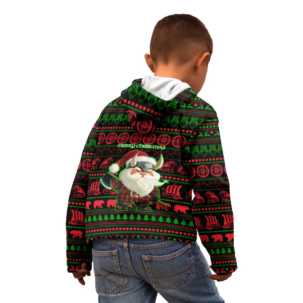 Viking Christmas Kid Hoodie with Santa Warrior Axe Nordic Symbols Red Green Black Knit Pattern Design - Wonder Print Shop