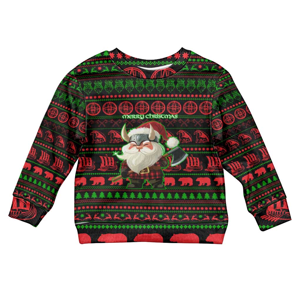 Viking Christmas Kid Ugly Christmas Sweater with Santa Warrior Axe Nordic Symbols Red Green Black Knit Pattern Design - Wonder Print Shop