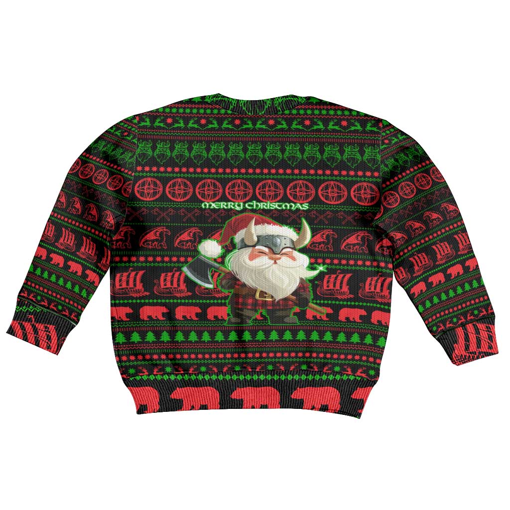 Viking Christmas Kid Ugly Christmas Sweater with Santa Warrior Axe Nordic Symbols Red Green Black Knit Pattern Design - Wonder Print Shop