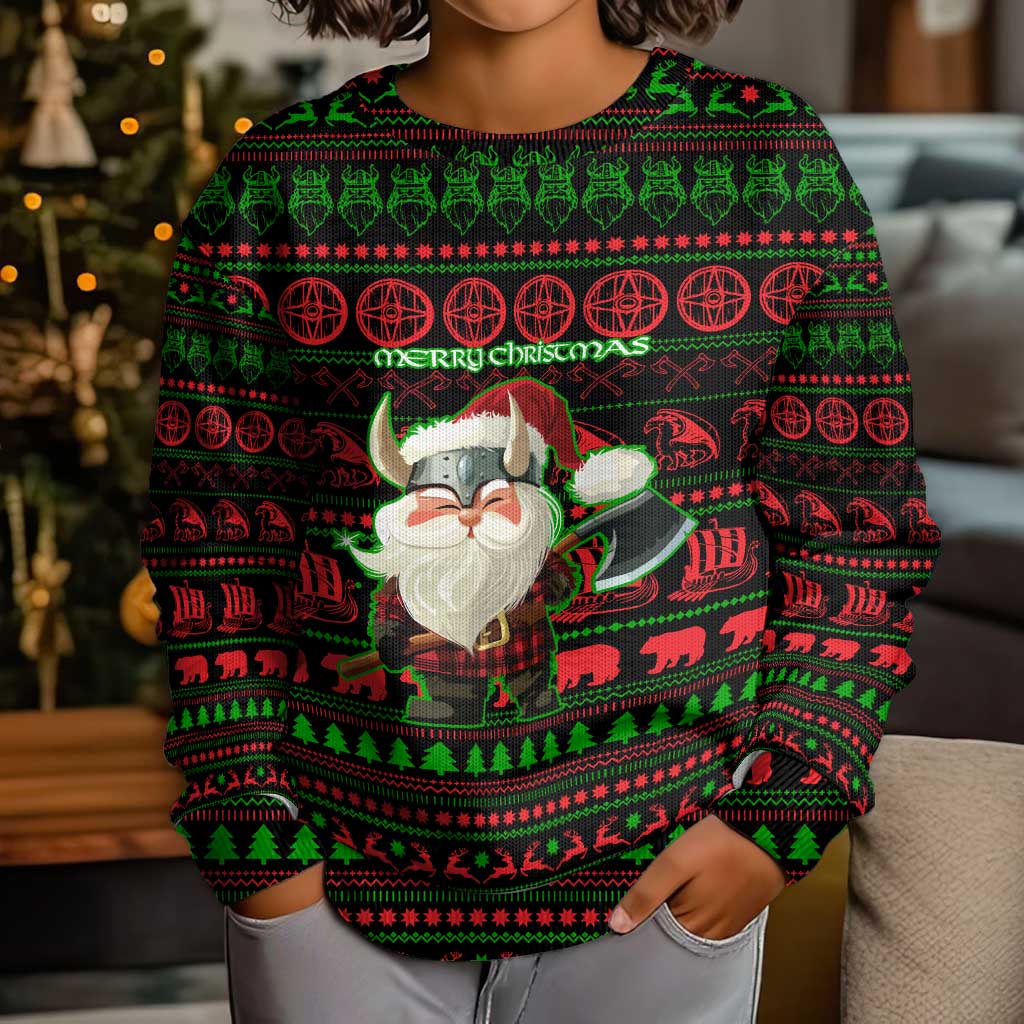 Viking Christmas Kid Ugly Christmas Sweater with Santa Warrior Axe Nordic Symbols Red Green Black Knit Pattern Design - Wonder Print Shop