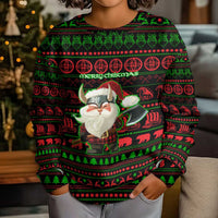 Viking Christmas Kid Ugly Christmas Sweater with Santa Warrior Axe Nordic Symbols Red Green Black Knit Pattern Design - Wonder Print Shop
