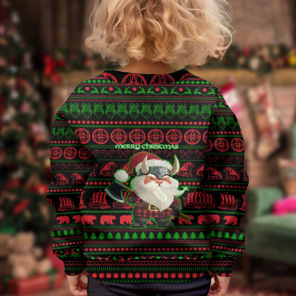 Viking Christmas Kid Ugly Christmas Sweater with Santa Warrior Axe Nordic Symbols Red Green Black Knit Pattern Design - Wonder Print Shop