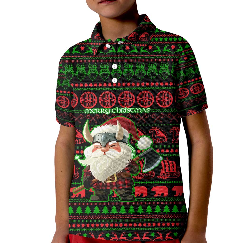 Viking Christmas Kid Polo Shirt with Santa Warrior Axe Nordic Symbols Red Green Black Knit Pattern Design - Wonder Print Shop