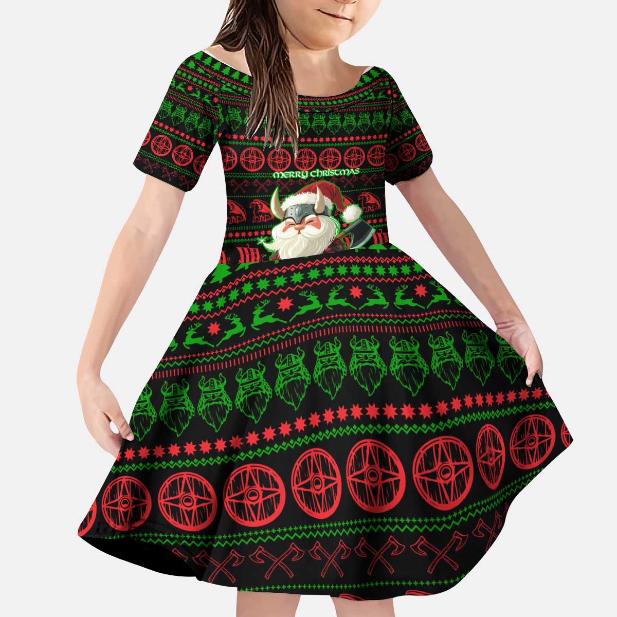 Viking Christmas Kid Short Sleeve Dress with Santa Warrior Axe Nordic Symbols Red Green Black Knit Pattern Design - Wonder Print Shop