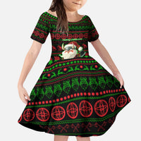 Viking Christmas Kid Short Sleeve Dress with Santa Warrior Axe Nordic Symbols Red Green Black Knit Pattern Design - Wonder Print Shop