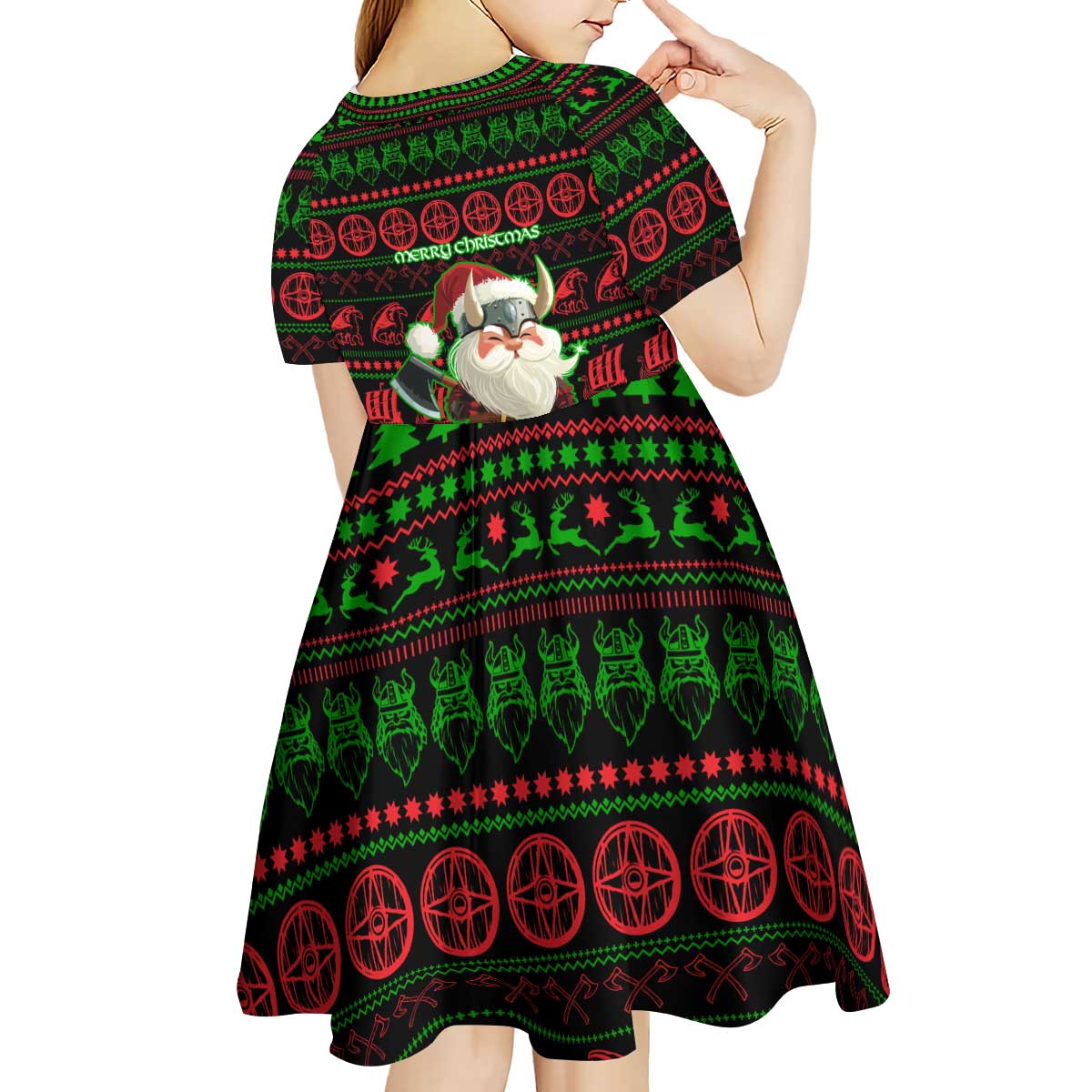 Viking Christmas Kid Short Sleeve Dress with Santa Warrior Axe Nordic Symbols Red Green Black Knit Pattern Design - Wonder Print Shop