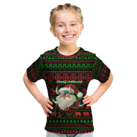 Viking Christmas Kid T Shirt with Santa Warrior Axe Nordic Symbols Red Green Black Knit Pattern Design - Wonder Print Shop
