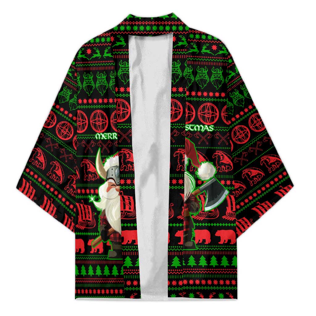 Viking Christmas Kimono with Santa Warrior Axe Nordic Symbols Red Green Black Knit Pattern Design - Wonder Print Shop