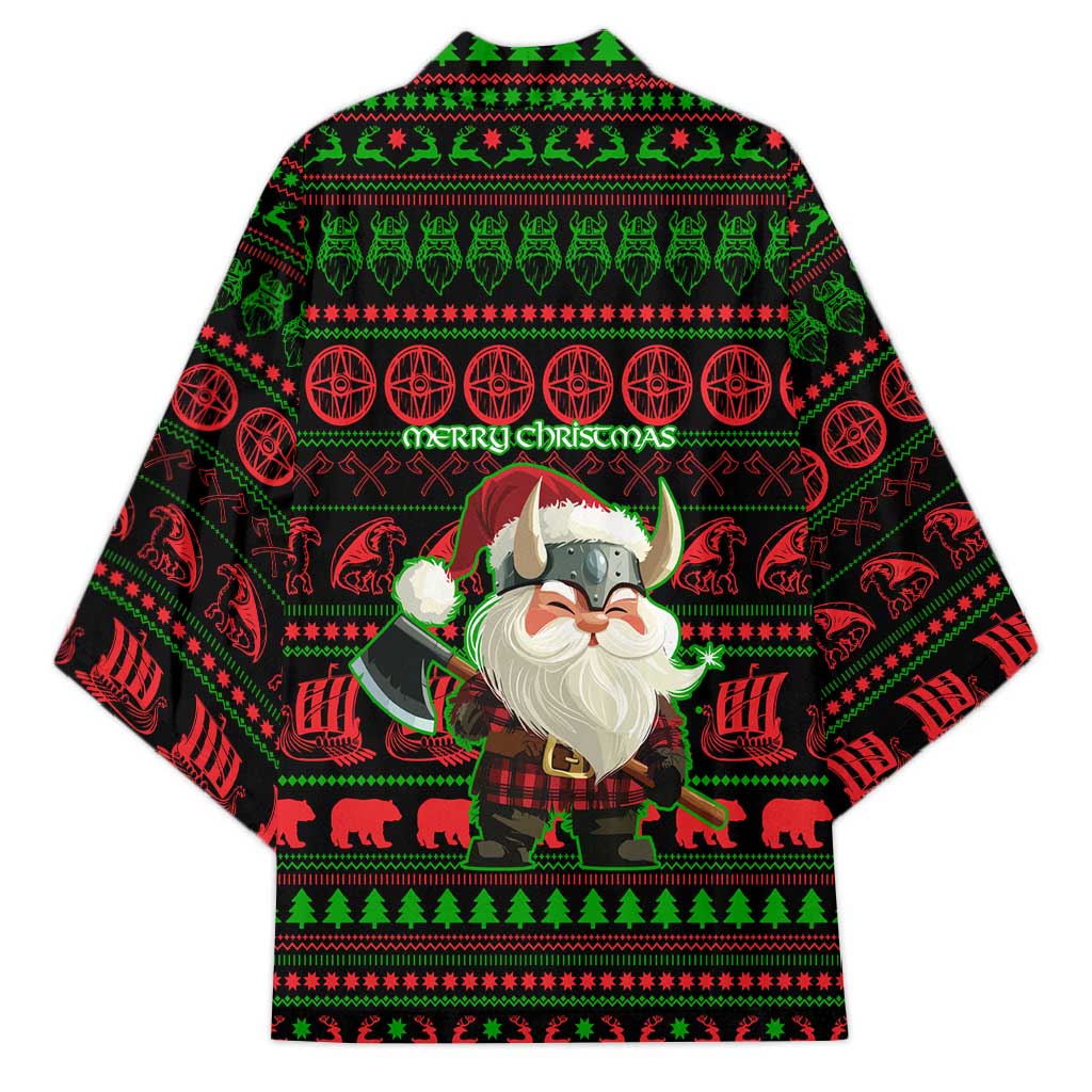 Viking Christmas Kimono with Santa Warrior Axe Nordic Symbols Red Green Black Knit Pattern Design - Wonder Print Shop