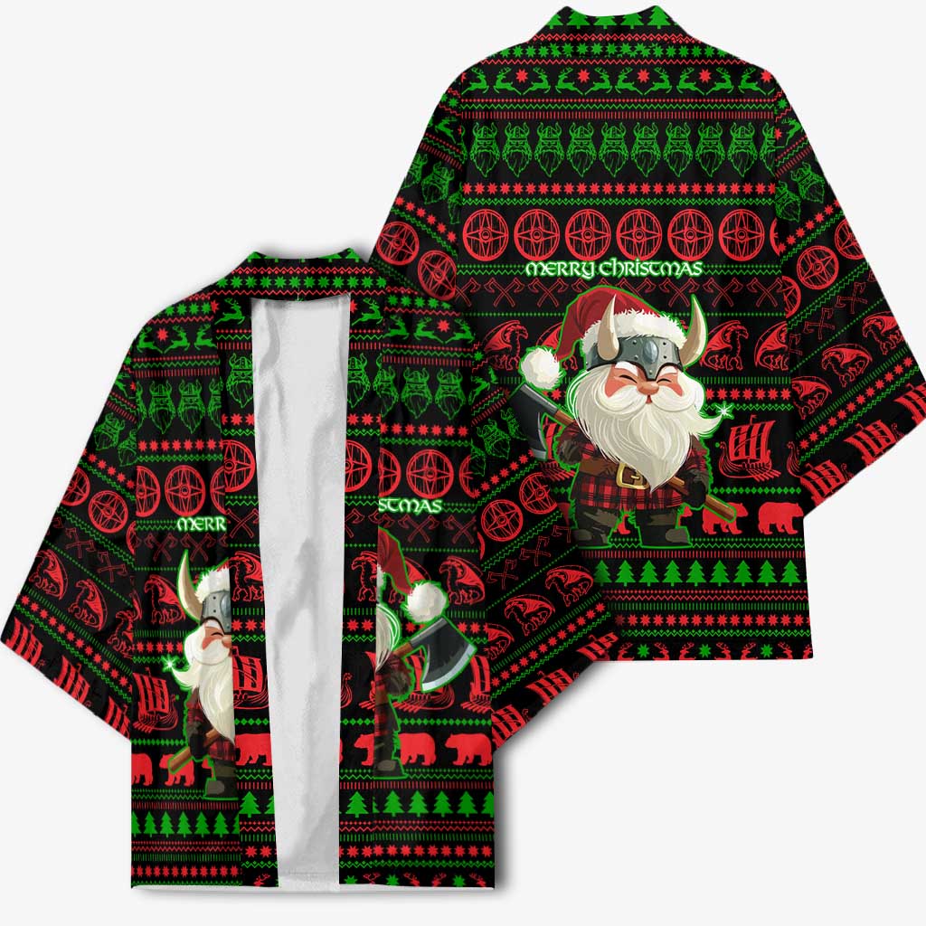 Viking Christmas Kimono with Santa Warrior Axe Nordic Symbols Red Green Black Knit Pattern Design - Wonder Print Shop